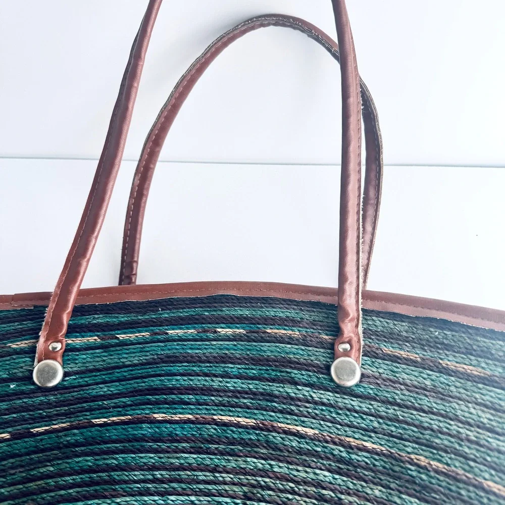 Large Woven Straw Beach Tote Bag Teal Blue Striped Fan Shape Shoulder Bag Zipper